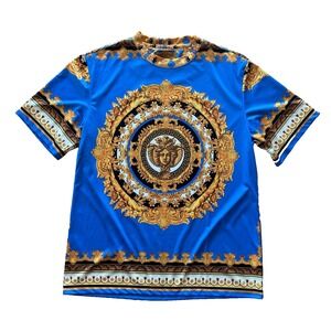 Prestige Original Mens XL Blue Gold Baroque Medusa Graphic T-Shirt Ornate Luxury